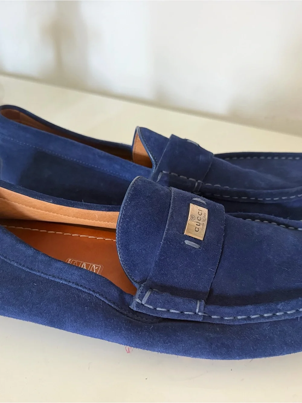 Gucci Men’s Navy Suede Loafers with Silver Logo Plaque